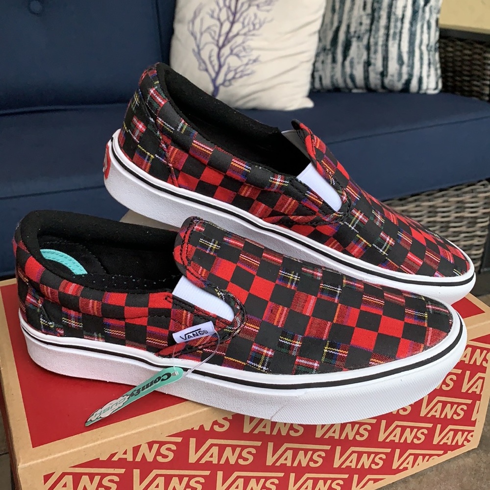 VANS COMFYCUSH SLIP ON PLAID CHECK RED/TRWHT WMNS - Picture 9 of 16